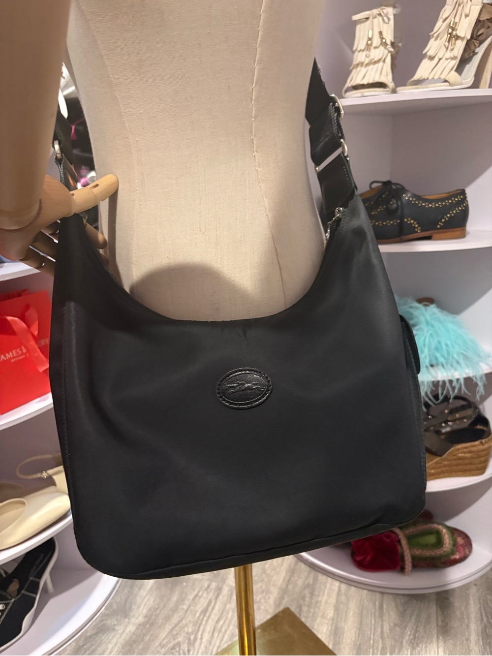 Longchamp planetes besace nylon crossbody hobo bag leather trim silver hw 90s - Picture 6 of 15